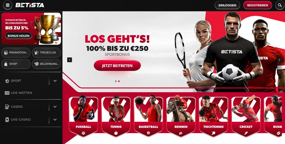 Dynamische Benutzeroberfläche von Betista in sportlichem Rot und Weiß, mit einem 100% Sportbonus bis zu 250 € für Neukunden, ideal für Fans von Fußball, Tennis, Basketball und actionreichen Live-Wetten.
