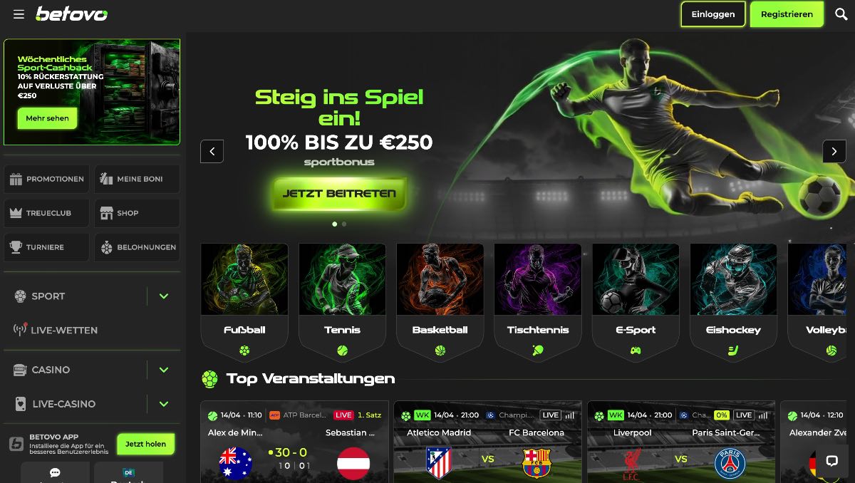 Modernes Betovo Interface mit energiegeladenem Neon-Grün-Design, 100% Sportbonus bis zu 250 € für den perfekten Einstieg, ideal für Tipper, die eine technologisch fortschrittliche und optisch ansprechende Plattform suchen.