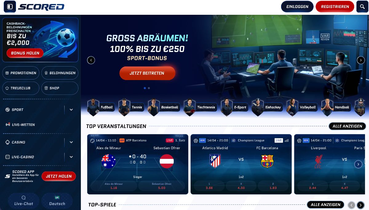 "Modernes Scored Wettanbieter Interface mit einem starken Fokus auf Live-Action, einem 100% Sport-Bonus bis zu 250 € und zusätzlichen Cashback-Belohnungen bis zu 2.000 €, ideal für Tipper, die das Maximum aus ihren Sportwetten herausholen wollen.