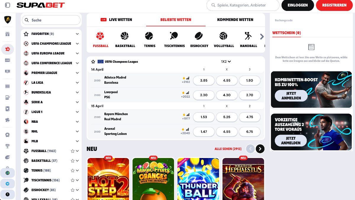 Moderne Supabet Homepage mit Live-Wetten für Top-Events wie die UEFA Champions League, kombiniert mit einer riesigen Auswahl an brandneuen Slots, perfekt für Tipper, die Abwechslung und hohe Quoten suchen.