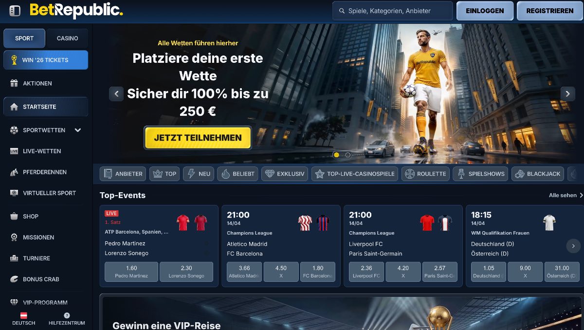 Starte in der Republik der Wetten: BetRepublic bietet dir 100% bis zu 250 € auf deine erste Wette. Mit einem modernen Interface und Fokus auf Top-Events wie die Champions League ist es der ideale Ort für Tipper, die Wert auf Stil und starke Quoten legen.